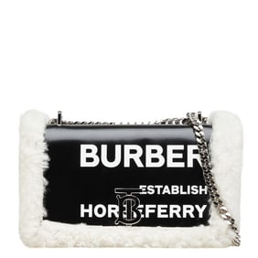 Burberry Lola TB Horseferry Print Chain Shoulder Bag in Black and White Leather with Boa Lining.