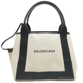 BALENCIAGA Navy Cabas S 339933 Tote Bag, Canvas and Leather, Ivory, Black 253003