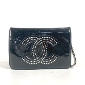 CHANEL Chanel Long Wallet CC Logo Coco Mark Rhinestone Chain Crossbody Bag Pochette Shoulder Patent