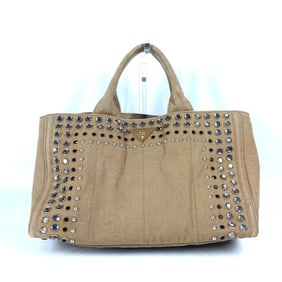 PRADA Prada Canapa Logo Studs Tote Bag Shoulder Handbag Canvas Women's Beige