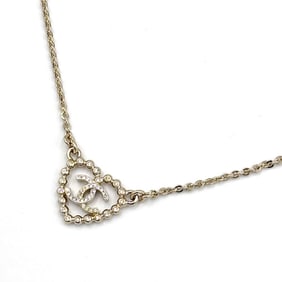 CHANEL Coco Mark Heart Rhinestone Necklace ABF459 C25P Silver Metal Women's Pendant
