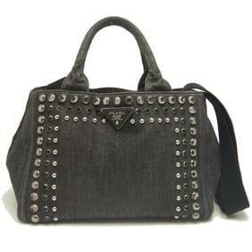PRADA Canapa Jeweled Tote Bag B2439O Cotton Denim NERO Women's 253266