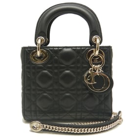 Christian Dior Dior Lady Cannage Handbag Leather Black Women's 253280