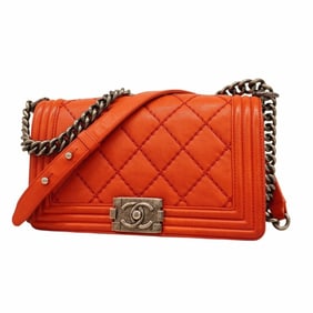 Chanel Boy Shoulder Bag, Wild Stitch Chain Leather, Red, Women's, P1635337
