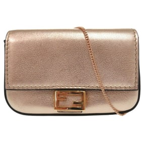 Fendi Nano Baguette Charm Chain Shoulder Pouch Mini Pochette Metallic Leather Pink Gold 0070FENDI