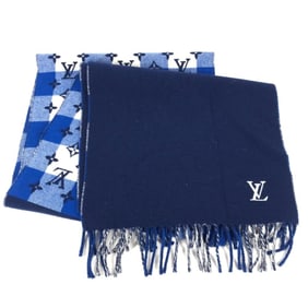 LOUIS VUITTON M76588 Echarpe Monogram Check Block Fringe Scarf, Wool/Cashmere, Women's, Blue