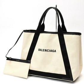 Balenciaga Navy Cabas M Tote Bag 339936 Canvas Leather Natural Black E-159168