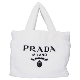 PRADA 1BG130 Triangle Plate Front Logo Pile Terry Tote Bag White Women's
