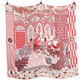 HERMES H243593S 06 LA DANSE DES AMAZONES Cashmere and Silk Carre Jean Scarf in Vieux Rose Gris Blanc