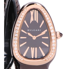 BVLGARI Serpenti Spiga 103060 750 Diamond Bezel Quartz Watch in Pink Gold and Dark Brown for Women