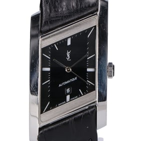 Yves Saint-Laurent Tom Ford Design Rectangular Automatic Watch, Silver Case, Black Strap, Men's
