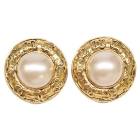 CHANEL 94P Coco Mark Imitation Pearl Earrings Gold Women's