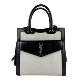 Yves Saint Laurent Uptown Handbag Shoulder Bag in Leather and Coated Canvas, Black White, Women's,