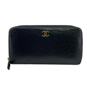 CHANEL Camellia Round Zip Long Wallet in Black