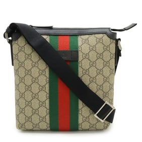 GUCCI GG Supreme Sherry Line Web Flat Shoulder Bag in Beige and Black PVC (471454)