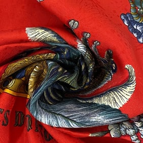 HERMES Carre 90 LES FETES DU ROI SOLEIL Sun King Celebration Scarf Muffler Cover Ribbon High Red