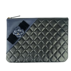 CHANEL Camellia Pouch 82699, Black/Navy Lambskin Velour with Coco Mark and Quilted Matelasse Design