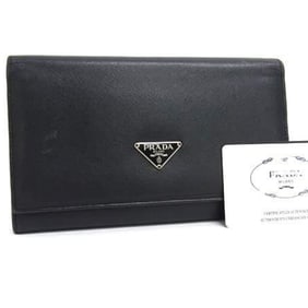 PRADA Triangle Wallet M608 Black Saffiano Leather Women's Bifold Long with Mark