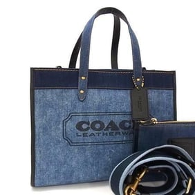 COACH Field Tote Bag, 30, 89163, Blue Denim and Leather, Women's Shoulder Bag