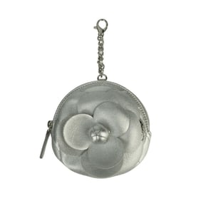 CHANEL Camellia Zip Coin Purse AP2125 Silver Lambskin Women's with Quilted Matelasse Design
