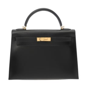 HERMES Kelly 32, Externally Stitched, Black, D Stamp (circa 2019), Women's Box Calf Leather, 2-Way