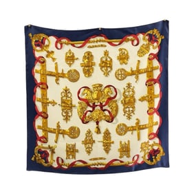 HERMES Hermès Ferronnerie Ironwork Kare 90 Blue Gold White Silk Scarf Large Women's