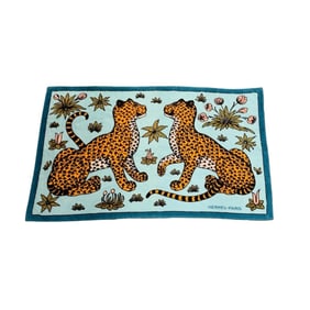 HERMES Leopard Print Orange Mint Green Cotton Beach Towel Blanket for Women