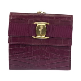 Salvatore Ferragamo Vara Embossed Wine Red Leather Wallet with Gold Hardware, Compact for Women