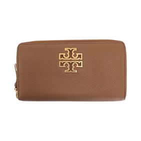 Tory Burch Britain Brown Leather Long Wallet with Gold Hardware and Zip-Around Design for Women