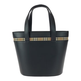 BURBERRY Nova Check Black Leather Tote Bag with Silver Hardware for Women