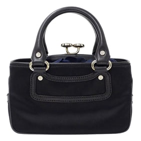 Celine Mini Boogie Bag, a women's designer handbag in black satin and leather with clasp pouch.