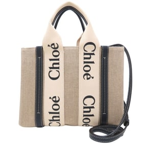 Chloé Chloe Woody Small Tote (CHC22AS397I2691J) Handbag in Linen and Calfskin, White Blue, Women's,