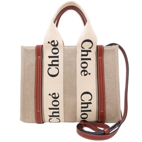 Chloé Chloe Woody Small Tote (CHC22AS397I2690U), a two-way handbag in linen and calfskin white