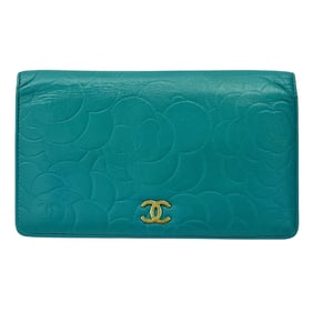 CHANEL Camellia Women's Long Wallet in Blue and Turquoise Leather with Coco Mark, Floral Print, Gold
