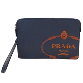 Prada PRADA Men's Brand Clutch Bag/Second Bag Saffiano Leather in Navy and Orange with Silver