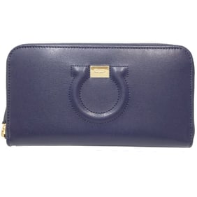 Salvatore Ferragamo Round Zipper Gancho City Long Wallet Leather Navy 083468