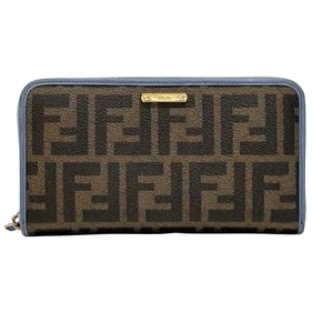 Fendi Zucca long wallet for men and women, made of PVC in brown blue with a round zipper logo.