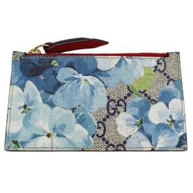 Gucci Fragment Card Case for Women, GG Blooms Supreme Canvas, Blue and Red, Floral Print, Compact,