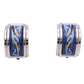Hermes HERMES earrings for women, brand enamel metal silver blue cloisonné dolphin animal design