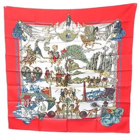 HERMES Carré 90 Scarf "Au FIL de la SOIE" (As the Silk Thread Moves) - Red, Women's, 181588