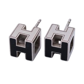 Hermès HERMES Earrings, Cage d'Ache H Cube, Women's and Men's, Brand GP, Silver Black, Binaural,