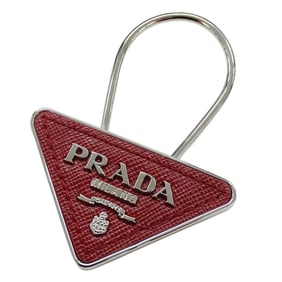 Prada PRADA Key Ring for Men and Women, Metal Leather Triangle Design with Red Silver Hardware Logo
