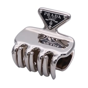 Prada Women's Stainless Steel Hair Clip in Silver and Black with Mini Triangle Logo