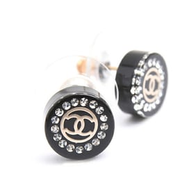 Chanel Women's Coco Mark Round Earrings with Clear Stones and Black Resin Plastic, CHANEL 17A