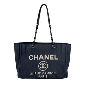 CHANEL Deauville MM Shoulder Bag in Navy Canvas, Women's, z6650