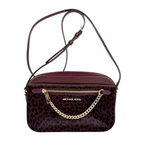 Michael Kors Shoulder Bag, Leopard Print, Porcelain Leather, Burgundy, Black, and Gold, Women's,