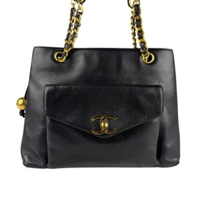 CHANEL Shoulder Bag Leather Black Gold Women's z6793