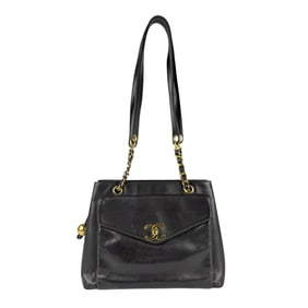 CHANEL Shoulder Bag Leather Metal Black Gold Women's Z6748
