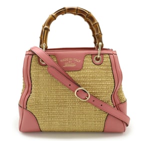 GUCCI Bamboo Small Shopper Handbag/Shoulder Bag, Straw Leather, Natural Pink, 336032