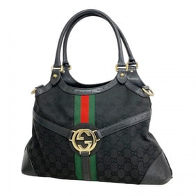 Gucci GG Canvas Sherry Line Interlocking G Handbag 114875 Black Champagne Women's